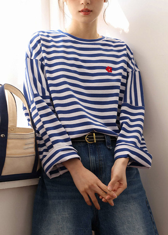 Blue White Striped Embroideried Loose Cotton Top Long Sleeve Spring