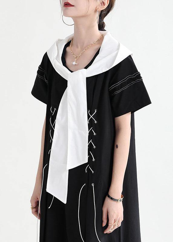 Comfy Black Hooded Design Patchwork Summer Mini Dresses Short Sleeve