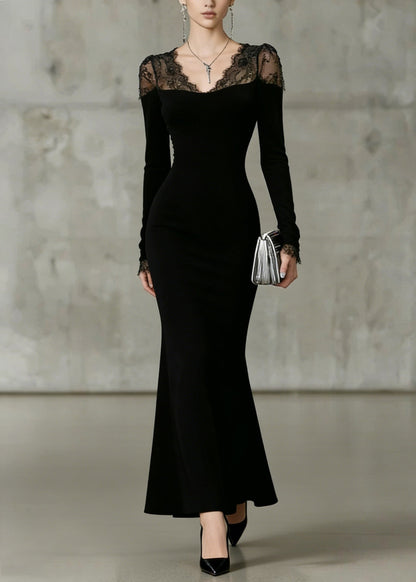 Fine Black V Neck Lace Patchwork Fish Tail Dresses Spring