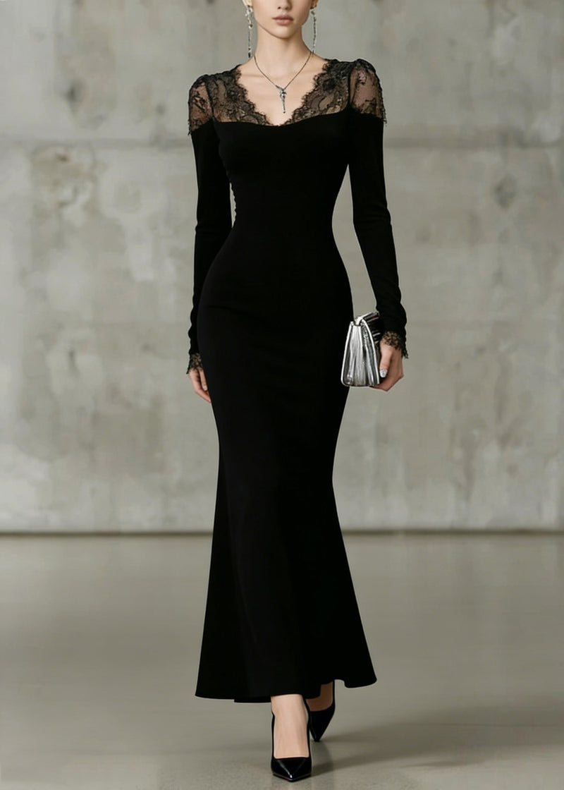 Fine Black V Neck Lace Patchwork Fish Tail Dresses Spring
