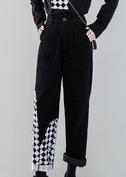 Black Patchwork High Waist Warm Fleece Corduroy Straight Pants Fall