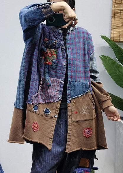 Colorblock Button Stand Collar Patchwork Plaid Cotton Shirts Long Sleeve