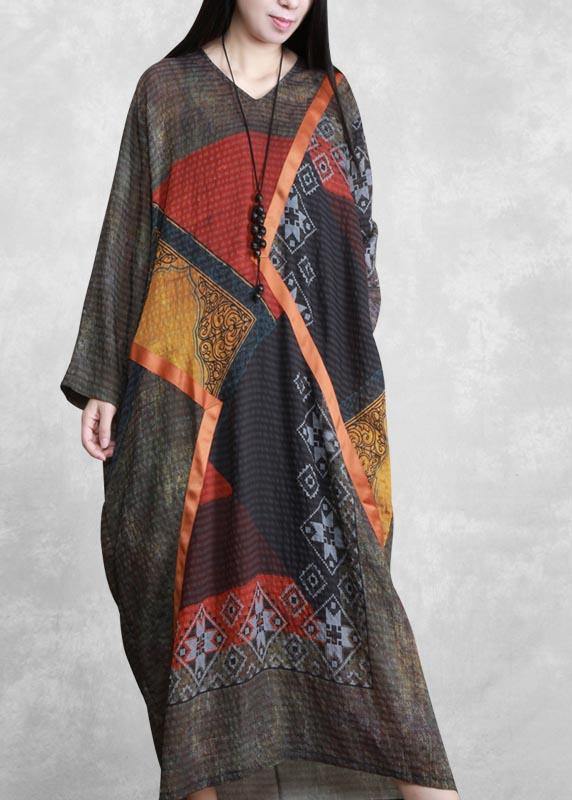 V Neck Patchwork Spring Long Neckline Red Print Robe Dress