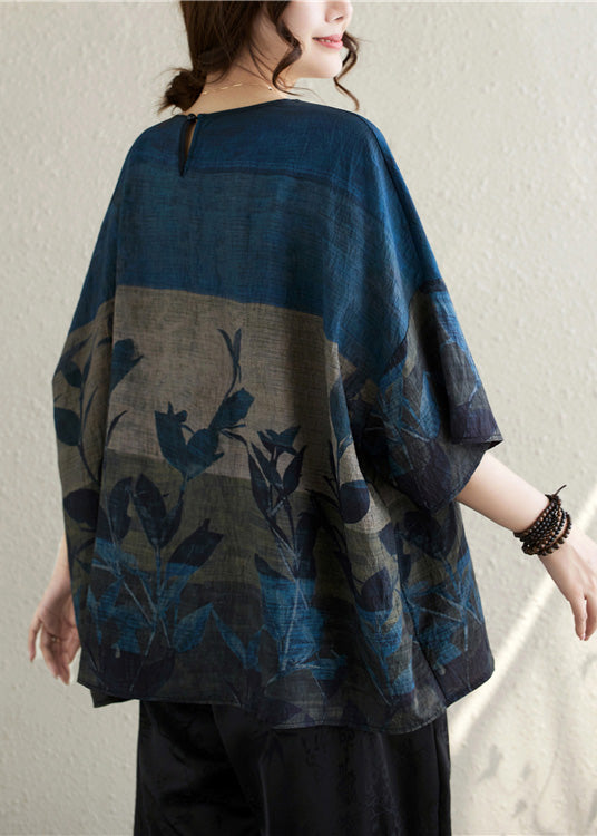 Navy Oversized Print Linen Tanks Summer