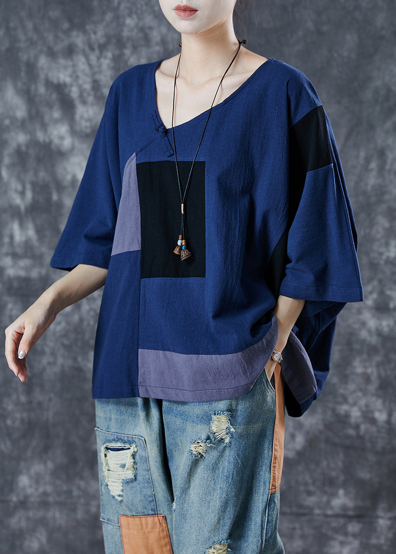 Navy Asymmetrical Patchwork Linen Tank Summer