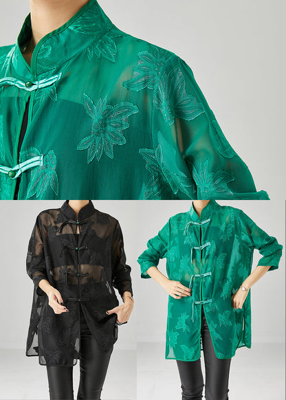 Green Chiffon Upf 50+ Shirts Oversized Chinese Button Fall