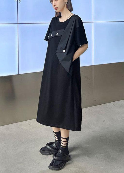 Black Patchwork Button Pockets Summer Vacation Dresses