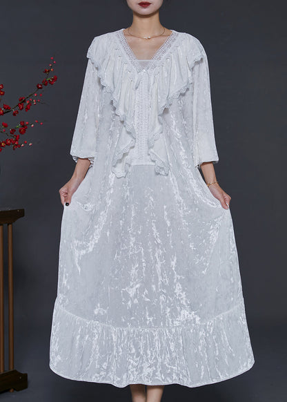French White V Neck Ruffles Silk Velour Long Dress Fall