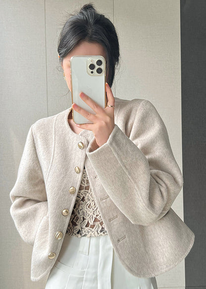 Pink O Neck Button Woolen Short Coat Spring