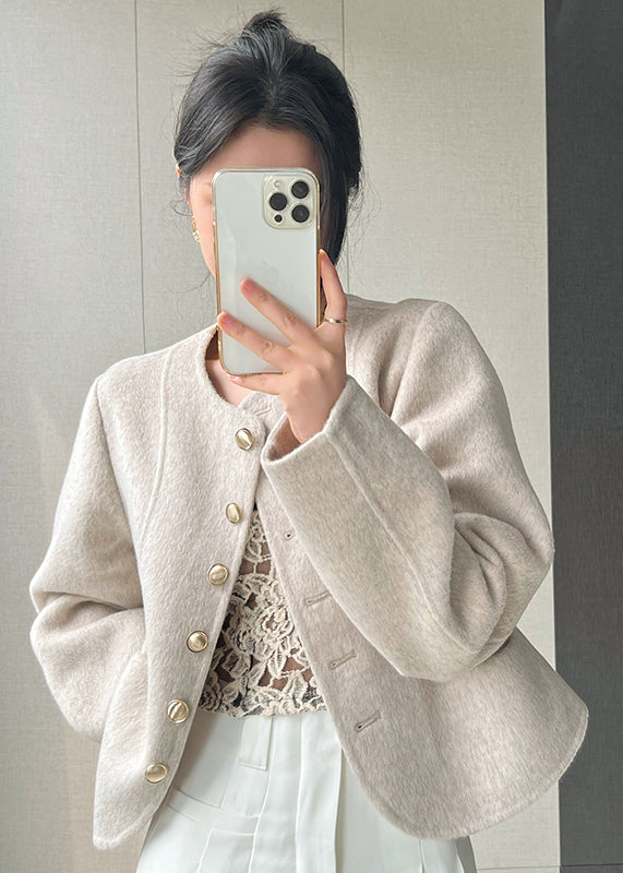 Pink O Neck Button Woolen Short Coat Spring