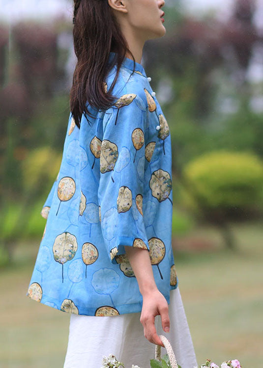 Diy Blue Stand Collar Print Linen Top Bracelet Sleeve