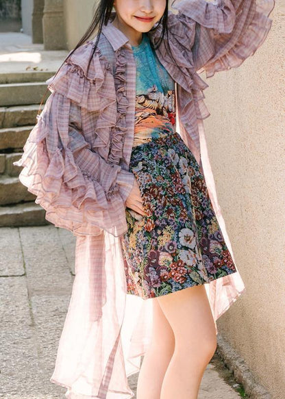 French Blue Wrinkled Ruffled Summer Chiffon Shirts Long Sleeve