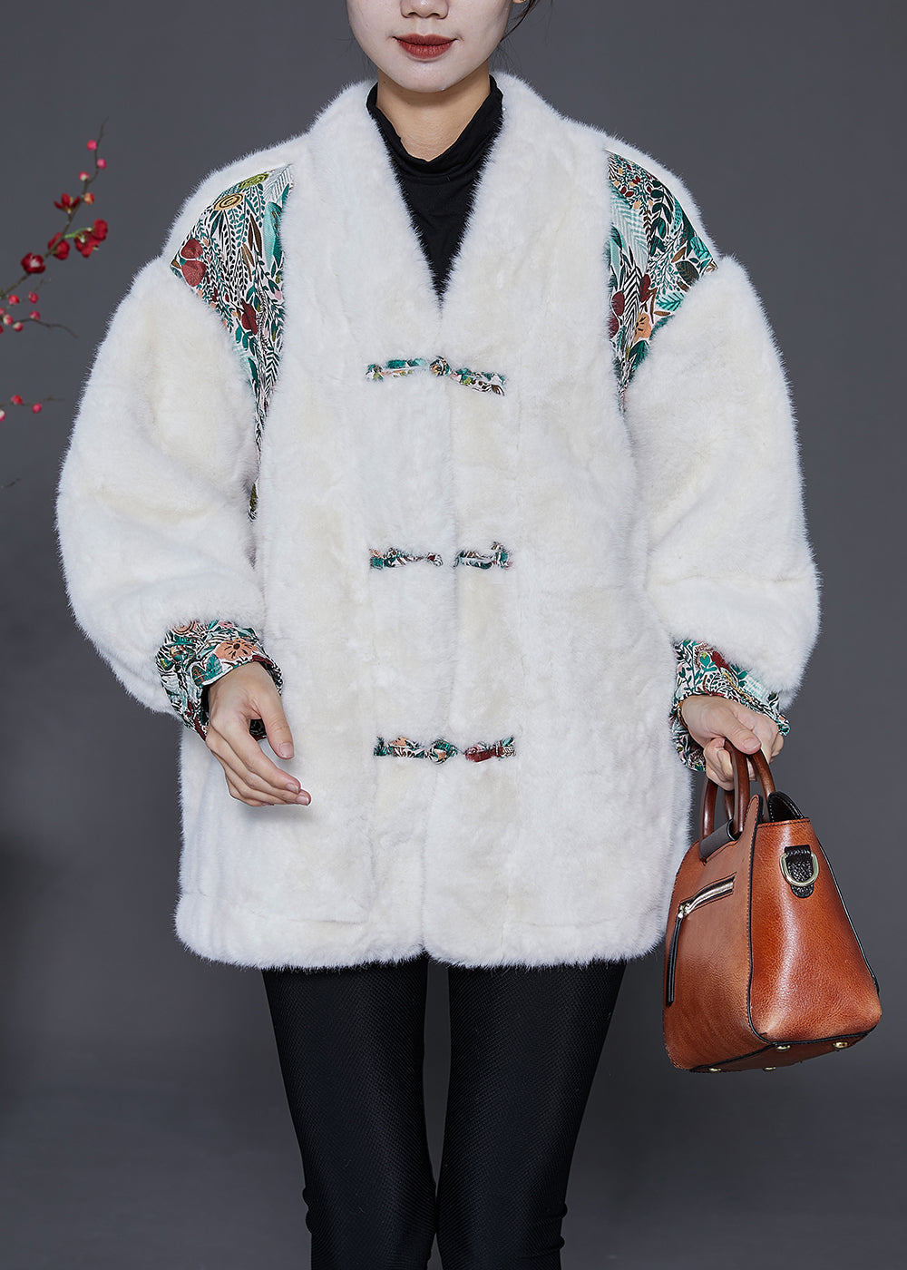 White Oversized Patchwork Chinese Button Faux Fur Jacket Winter