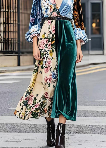 French Colorblock V Neck Patchwork Print Silk Velour Dresses Spring