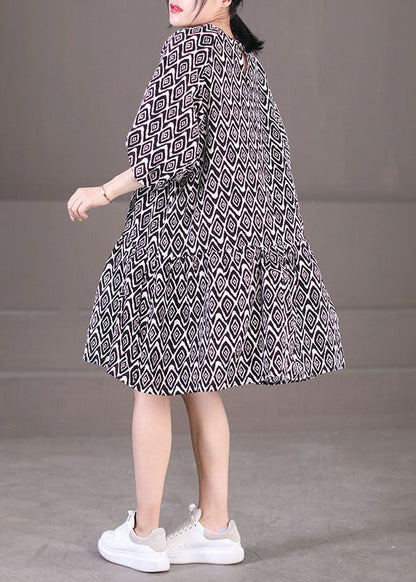 Black Puff Sleeve Plaid Print Patchwork Cotton a Line Dress Summer