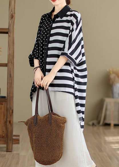 Colorblock Peter Pan Collar Low High Design Cotton Shirt Tops Summer