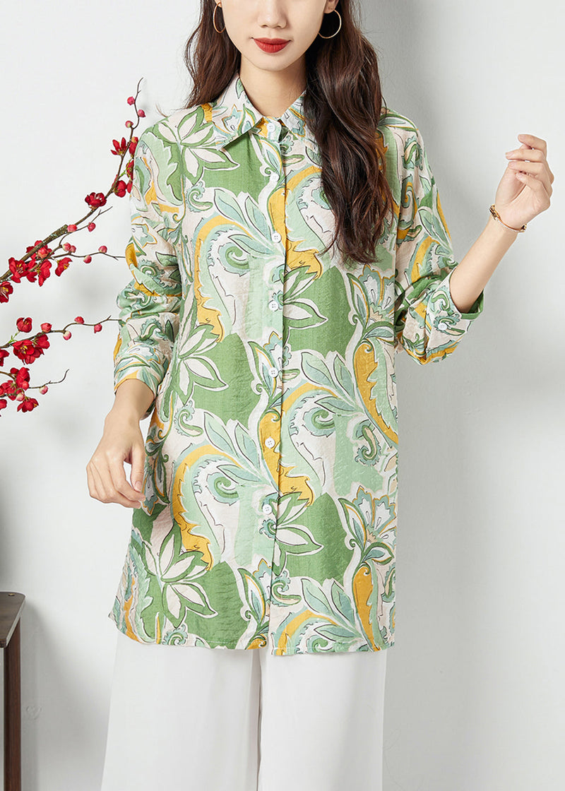 Light Green Peter Pan Collar Print Cotton Long Shirt Spring