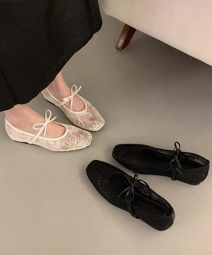 Beige Breathable Mesh Embroidered Flats Splicing Bow