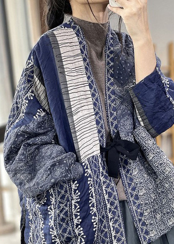 Navy Oversized Print Fine Cotton Filled Jackets Spring