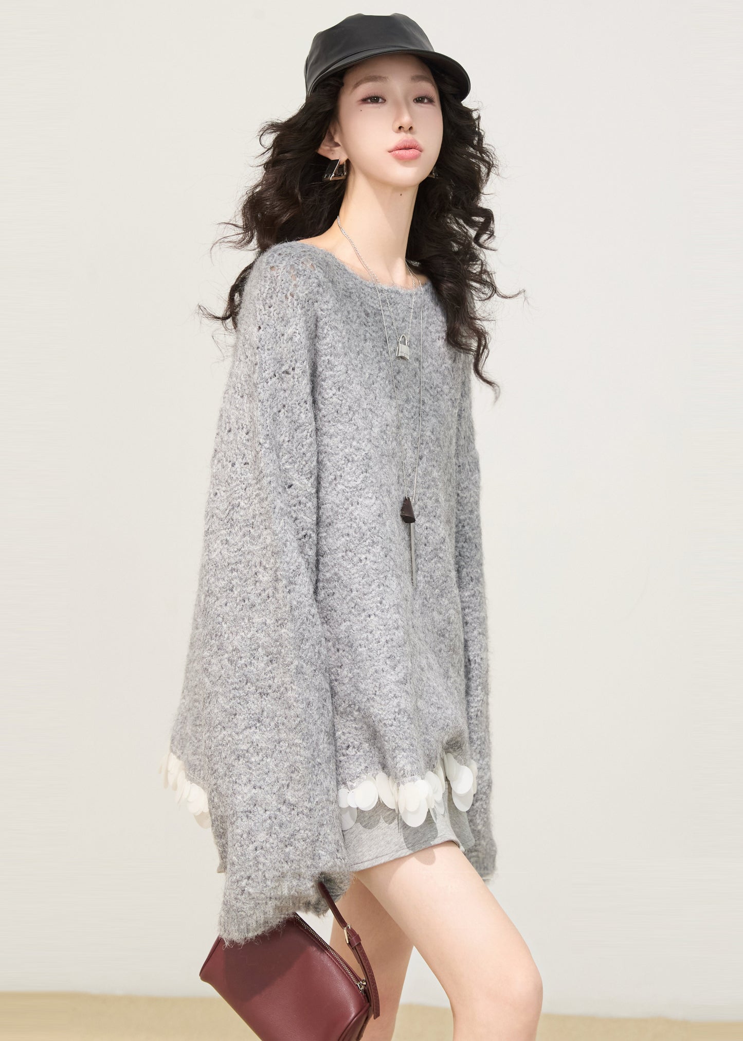 Grey Oversized Patchwork Knit Sweaters Winter
