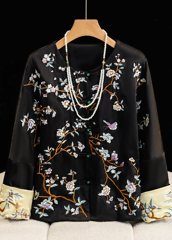 Chinese Style Green O-neck Embroidered Silk Coats Fall