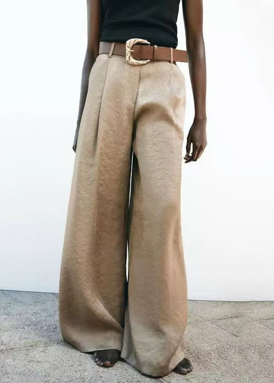 American Style Light Brown High Waist Silk Wide Leg Pants Summer