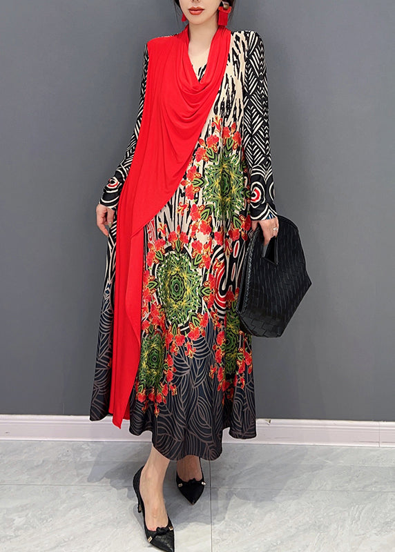 Red V Neck Print Patchwork Cotton Long Dresses Fall