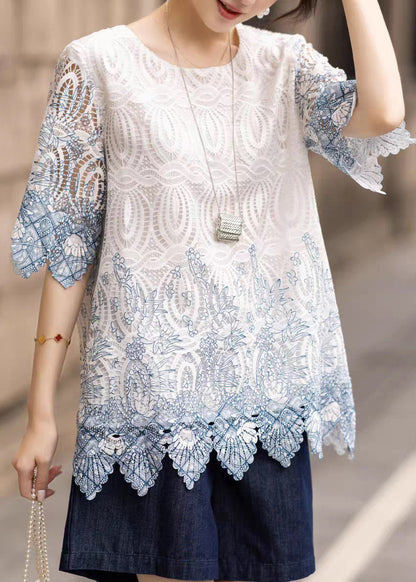 Art White O-neck Hollow Out Cotton Shirts Half Sleeve