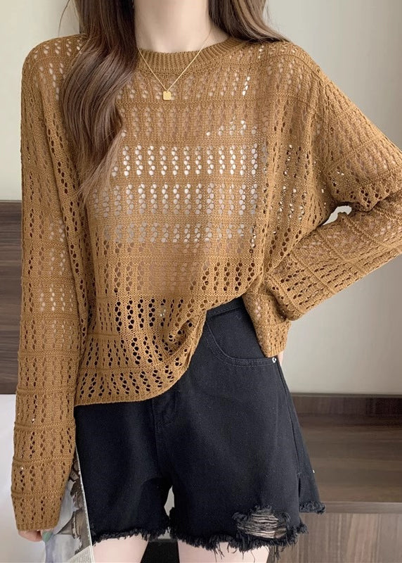 Loose Caramel Hollow Out Cozy Knit T Shirts Long Sleeve