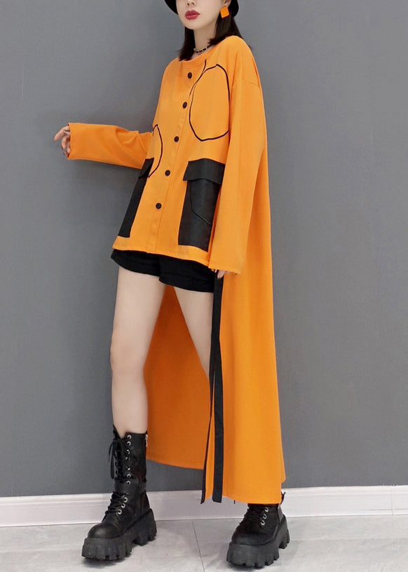 Yellow O Neck Low High Design Patchwork Cotton Dress Fall