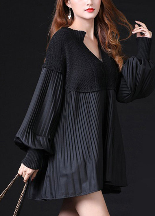Black Patchwork Wrinkled Loose Knitted Tops Long Sleeve