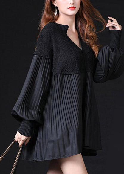 Black Patchwork Wrinkled Loose Knitted Tops Long Sleeve