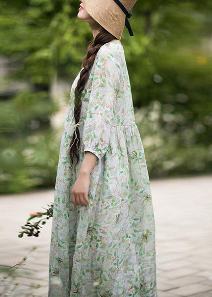 Diy Green Leaves Quilting Dresses O Neck Lantern Sleeve Robes Summer Dresses