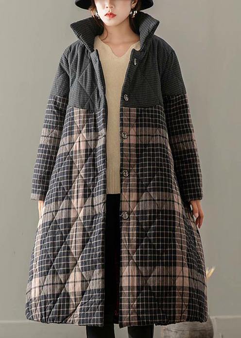 Thick Gray Plaid Coats Clothing Coats Stand Collar Button Down Outwear