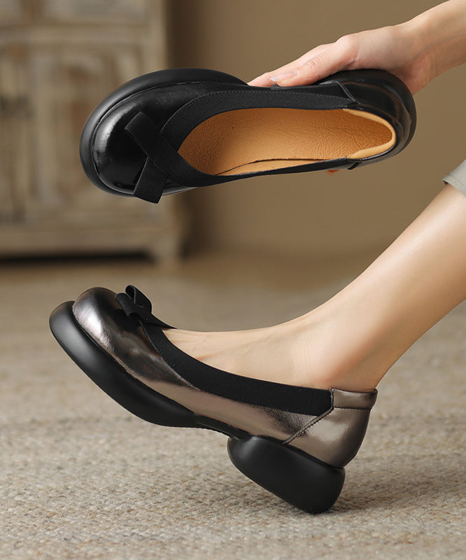 New Dark Grey Splicing Bow Platform Loafers for
