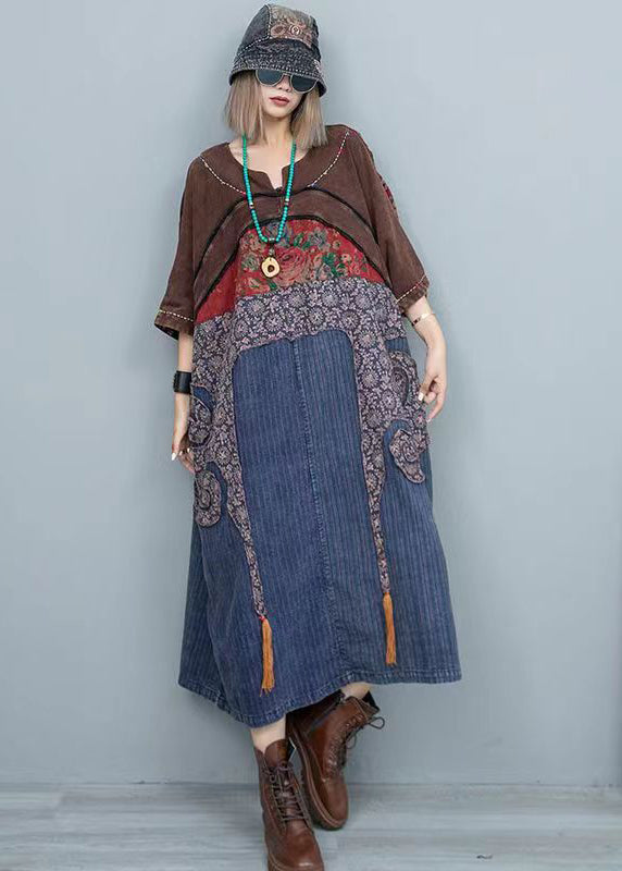 Colorblock O Neck Patch Cotton Dress Spring