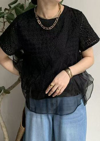 Black Embroideried Patchwork Tanks Summer