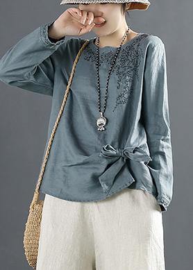 Unique Blue Print Tops O Neck Cotton Blouses