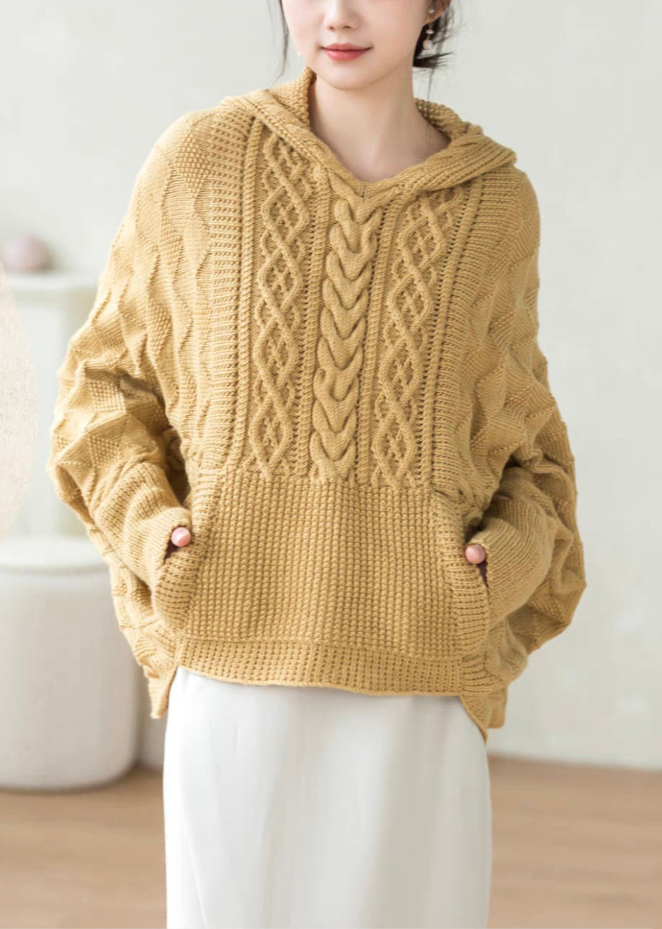 Grey Hooded Pockets Patchwork Knitted Cotton Thread Tops Fall
