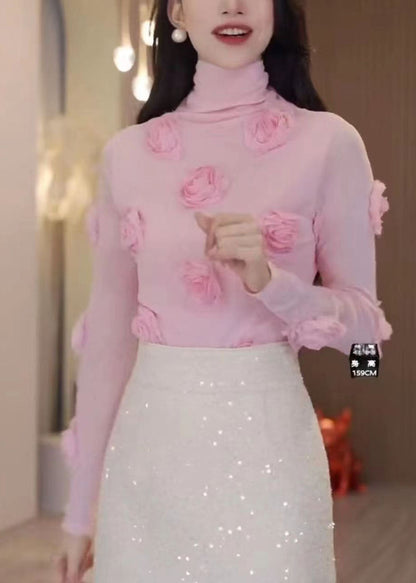 Pink Turtleneck Tulle Top Long Sleeve