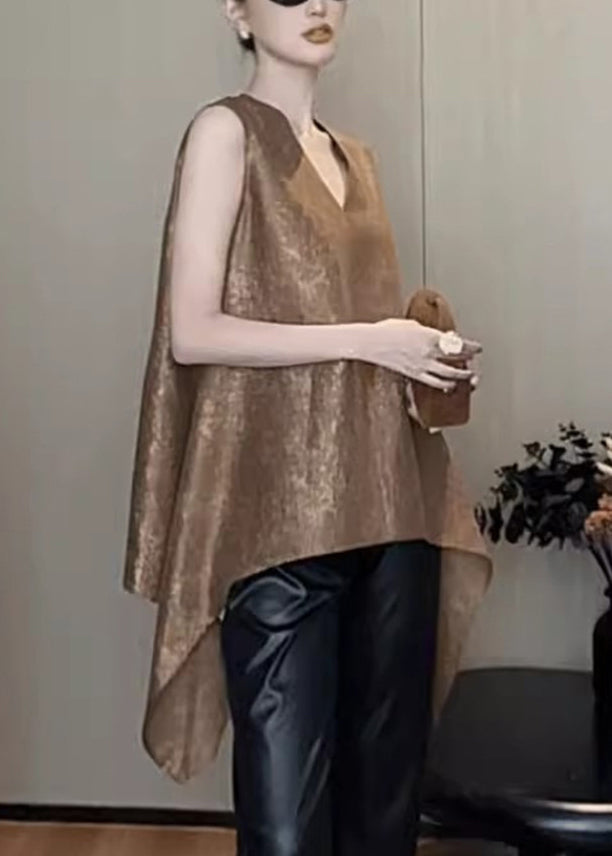 Khaki V Neck Asymmetrical Silk Tank Sleeveless