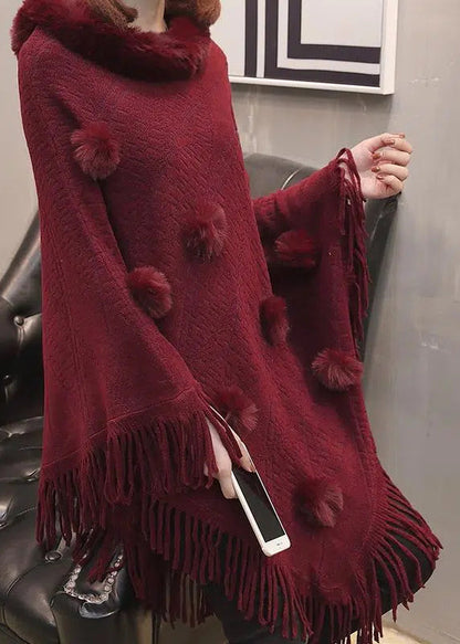 Boutique Chocolate Fur Collar Tassel Long Knit Sweater Coats Batwing Sleeve