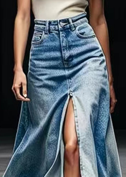 Blue Pockets Side Open Denim Maxi Skirts Summer