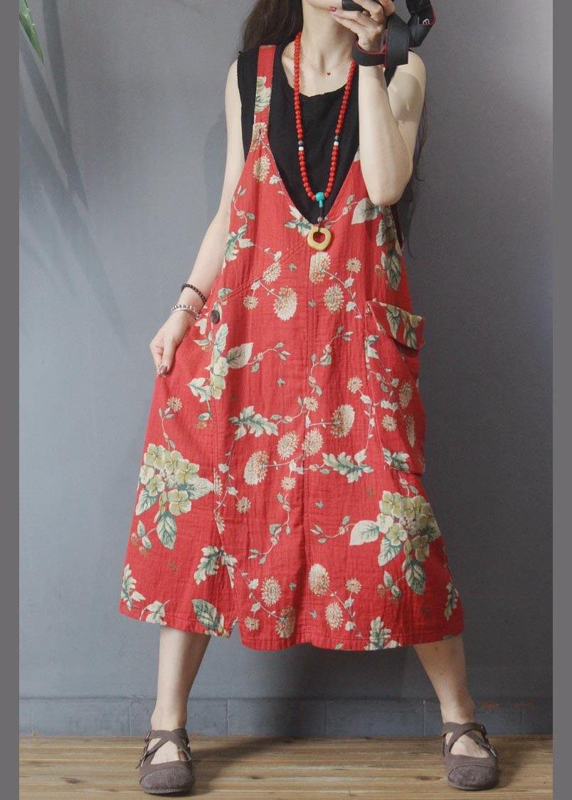 Natural Red Print Pockets Carpenter Maxi Dress Summer Cotton Linen