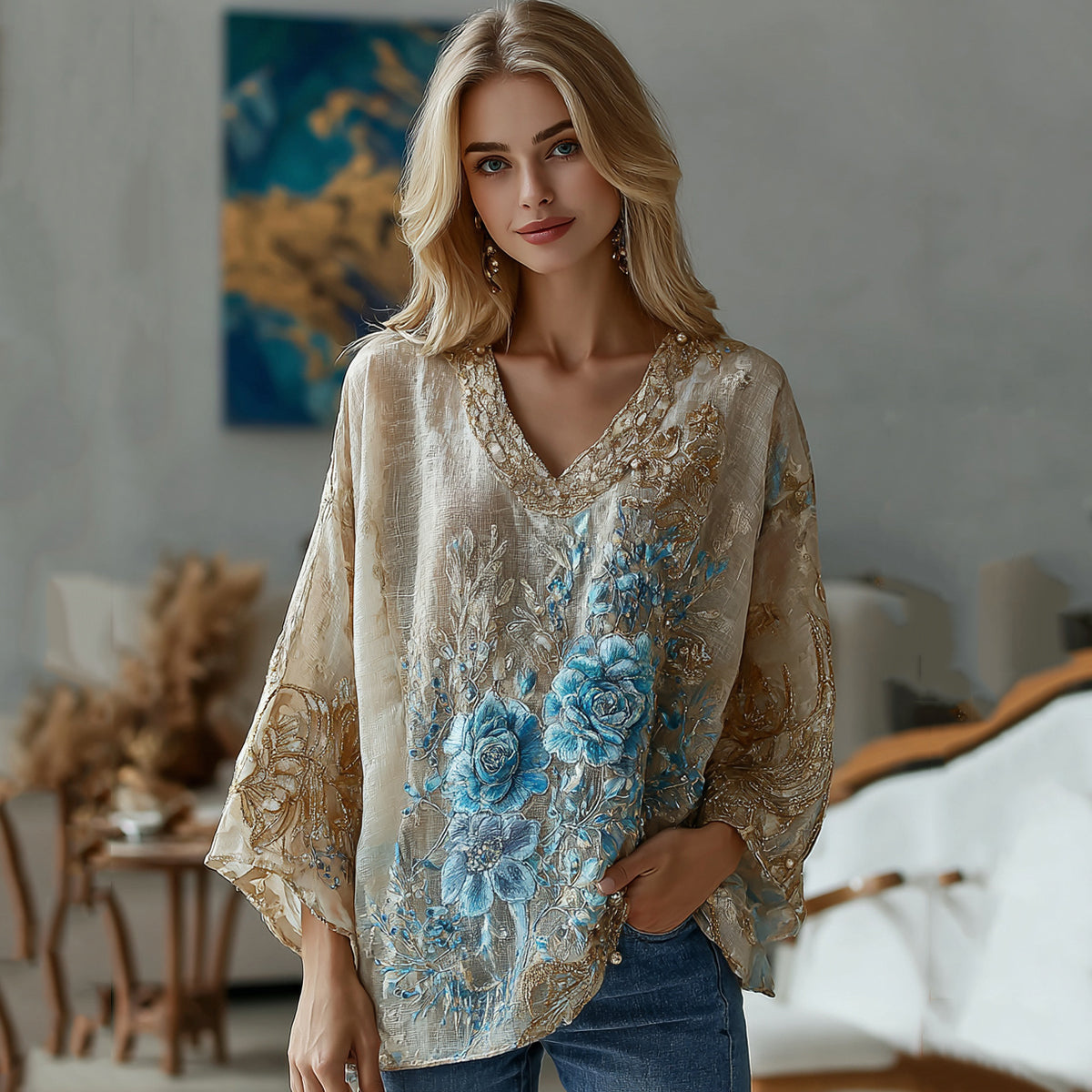Vintage Marble Texture Collection Bohemia Gradient Gilded Pattern Linen V Neck T-shirt artswardrobe