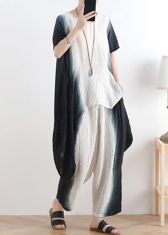 Unique Black Tie Dye Linen Short Sleeve Sets Two Pieces