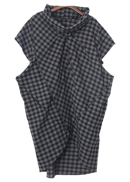 Grey Plaid Turtleneck Asymmetrical Design Summer Blouses