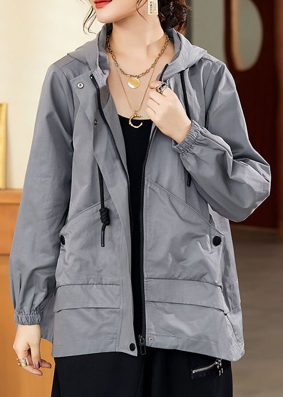 Loose Grey Pockets Patchwork Cotton Hooded Coat Fall