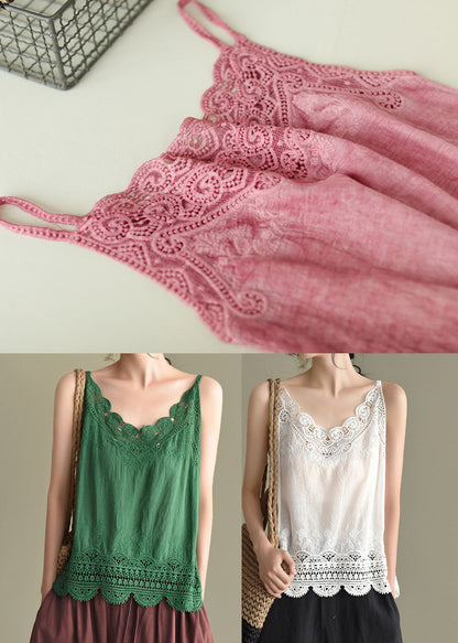 Green Cotton Spaghetti Strap Tops Hollow Out Summer