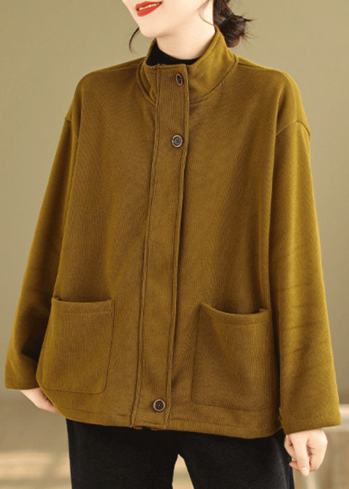 Yellow Zip Up Pockets Patchwork Warm Fleece Coat Fall